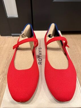 Rothy's Lollipop Red The Square Mary Jane Flats with Blue Trim size 10.5